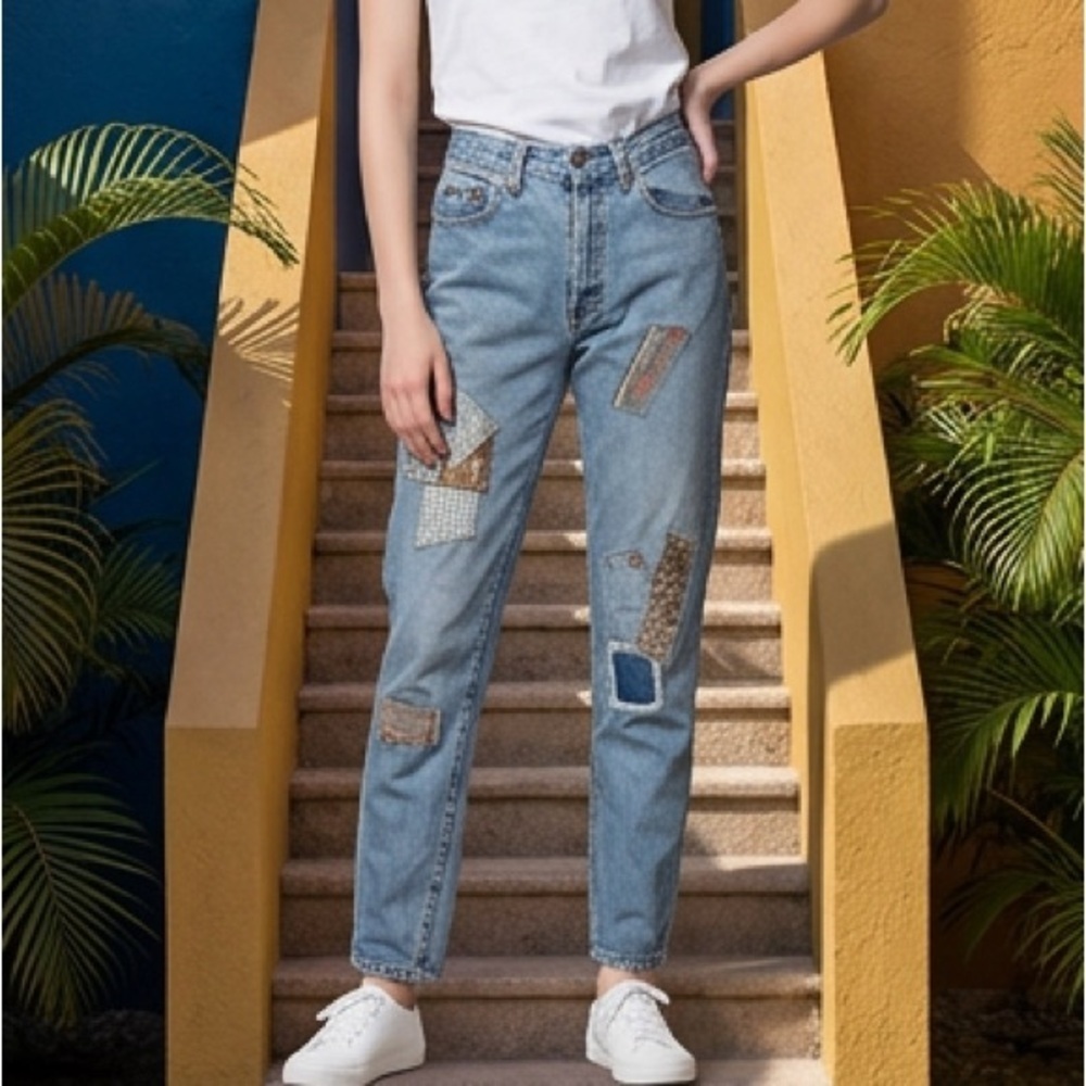 EUC - LEI Juniors/Women’s High Waist Blue Jeans with Patches - Size 9